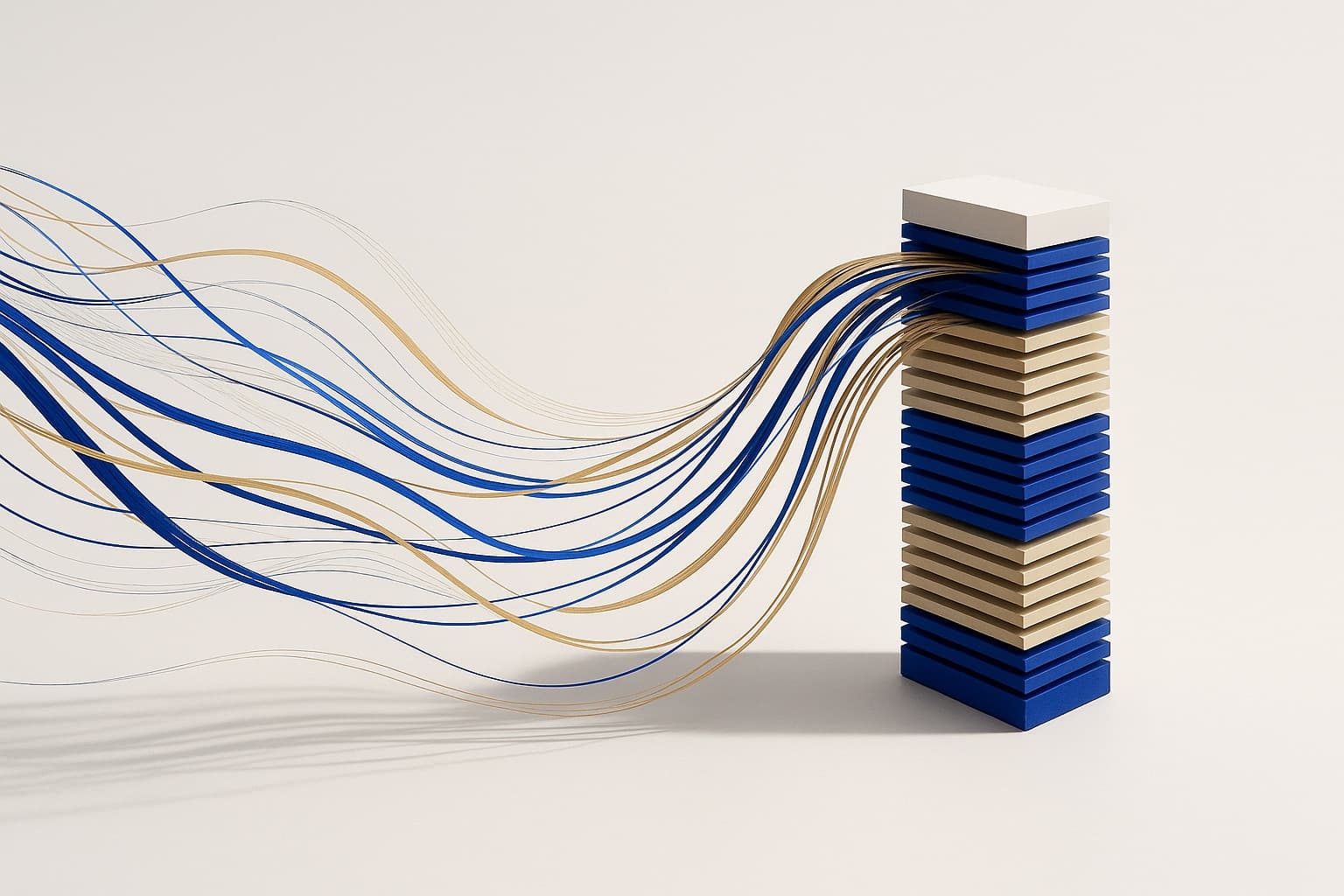 Cobalt and gold threads of invoices resolving into a single ordered ledger