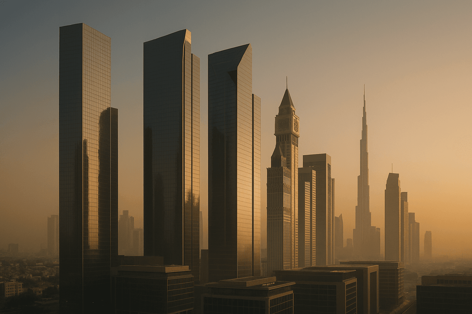 Dubai financial district at golden hour